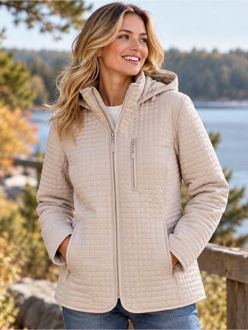 Lands' End XL Cream Quilted Hooded Jacket Full Zip Lightweight Chore Coat Lk NEW